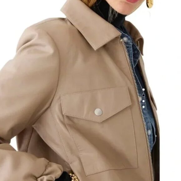 NWT JCrew Bomber Leather Jacket Womens XS Tan Nude Boulder Long Sleeve BJ932 NEW - Picture 2 of 13